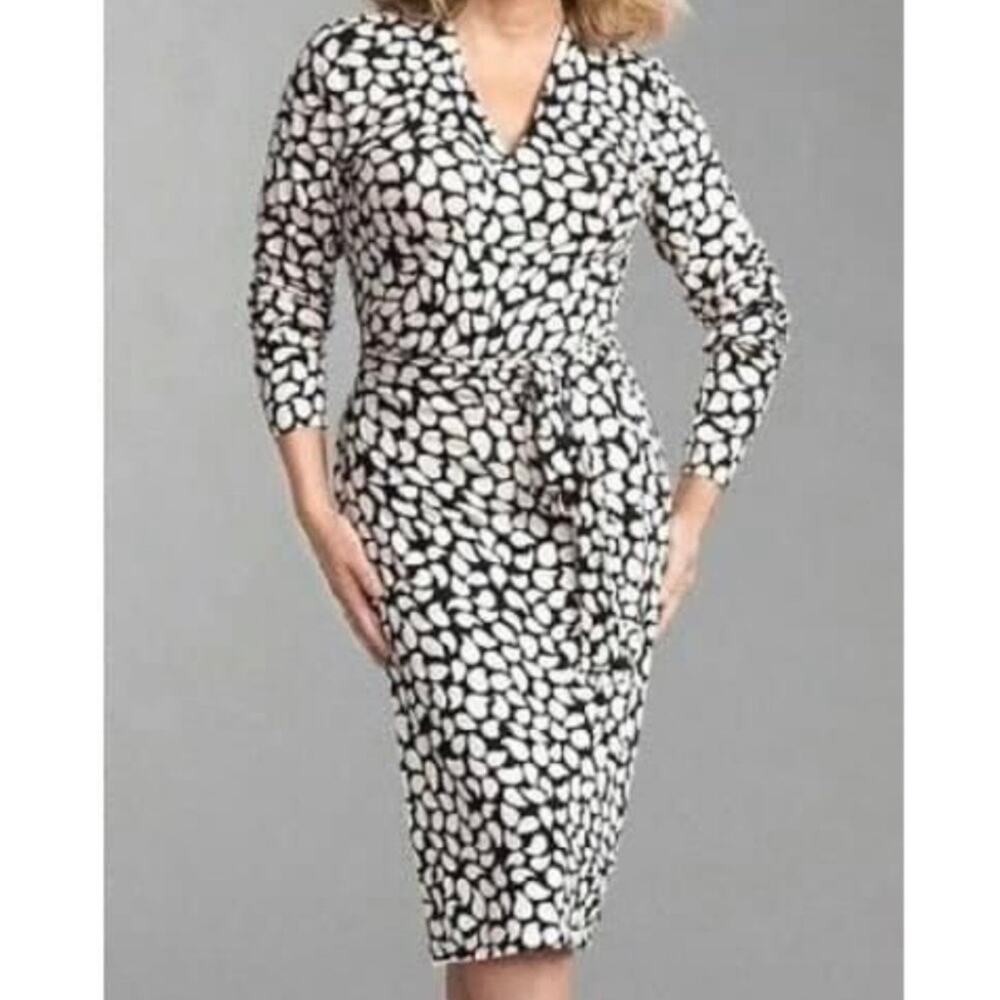 Ann Taylor Geo Floral Long Sleeve Wrap Dress Women's 8 Tall Navy Blue